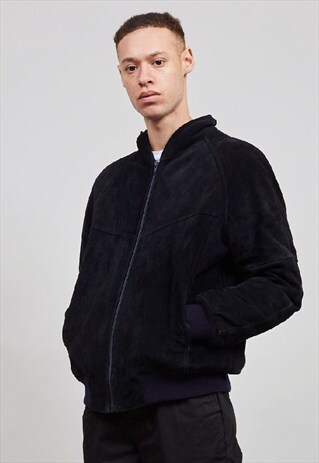 VINTAGE 70'S BLACK FAUX FUR LINED SUEDE BOMBER JACKET