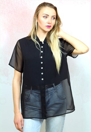 1990S VINTAGE JET BLACK SEMI SHEER BUTTON UP SHIRT BLOUSE