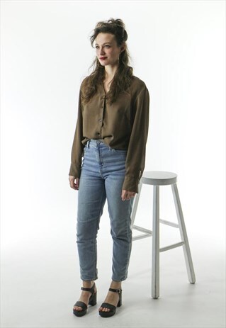 SILKY BROWN BLOUSE / LIGHT CHEVRON BUTTON UP