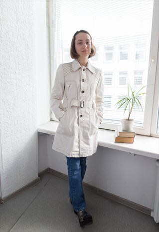 VINTAGE 80'S CREAM DENIM BELTED COAT