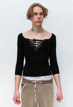 Vintage Y2K lace up ribbed half-sleeve shirt in pitch black