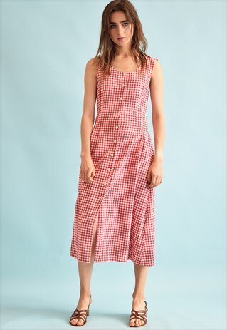 90'S RETRO CHECKED PRINT BOHO FESTIVAL MOMS MIDI DRESS