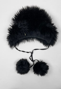 70's Black Shearling Pom Pom Tie Ladies Winter Hat
