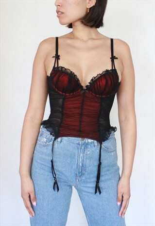 Y2K BLACK RED MESH CORSET TOP BUSTIER BASQUE