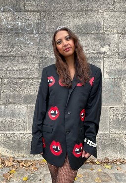 Oversized upcycled blazer jacket in black with red lips