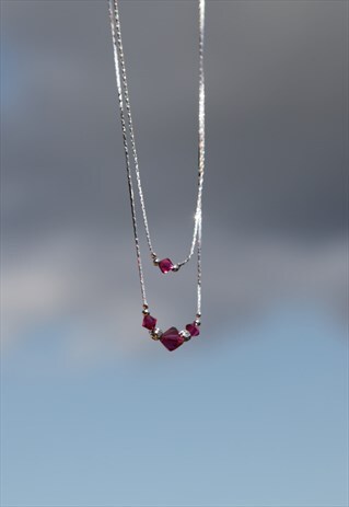 SILVER DOUBLE CHAIN NECKLACE WIYH PINK GLASS CRYSTALS 