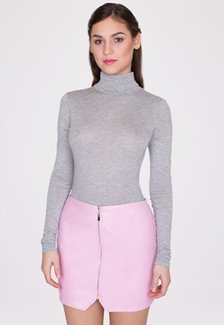 LEATHER LOOK ZIP FRONT ASYMMETRIC MINI SKIRT
