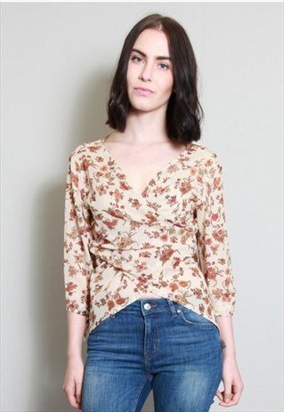 VINTAGE 1970'S BEIGE FLORAL PRINT WRAP STYLE SHIRT