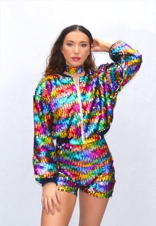 RAINBOW SEQUIN CROP BOMBER JACKET
