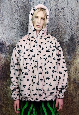 Cherry fleece hood jacket detachable fruit print bomber pink