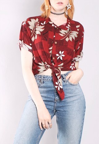 VINTAGE 90S HAWAIIAN PATTERNED TIE UP SHIRT CROP TOP