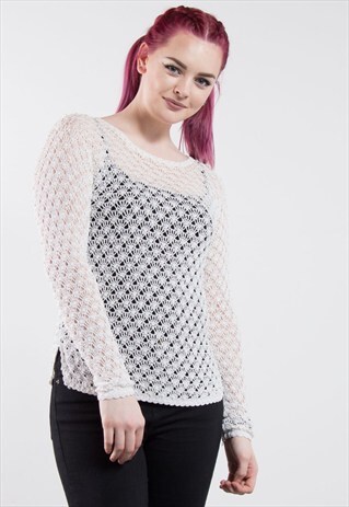 90'S WHITE CROCHET PEARL GRUNGE JUMPER