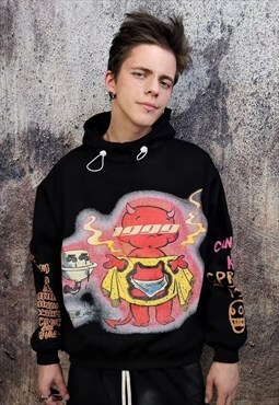 Devil graffiti hoodie Satan cartoon pullover gunge top black