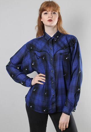 VINTAGE 80S CHECK WESTERN STYLE POPPER SHIRT
