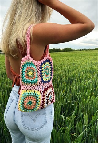 PINK HANDMADE CROCHET SHOULDER TOTE BAG FOR SUMMER FESTIVAL