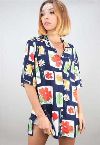 VINTAGE OVERSIZED SHORT SLEEVE PATTERNED BLOUSE