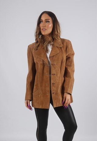 VINTAGE SUEDE LEATHER JACKET FITTED UK 16 XL (LK4Y)