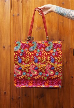 Vintage 90s Boho Hippy Embroidered Velvet Tote Hand Bag
