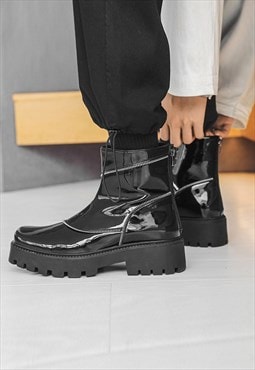 Rubber boots square toe platform shoes catwalk trainer black
