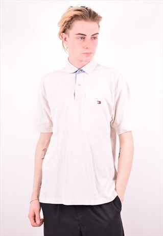 TOMMY HILFIGER MENS VINTAGE POLO SHIRT MEDIUM BEIGE 90'S