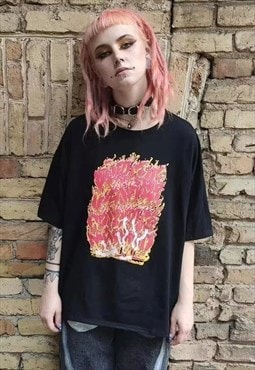 Kawaii flame print tee Korean skater fire t-shirt in black