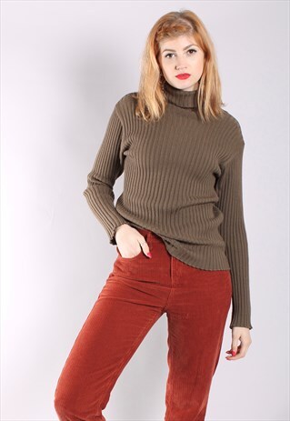 VINTAGE 80S BROWN RIBBED KNIT TURTLE NECK MERINO WOOL JUMPER