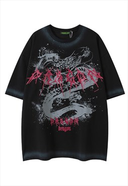 Dragon print t-shirt tie-dye tee retro snake top acid black