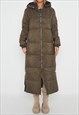 KHAKI LONGLINE WITH HOOD MAXI PUFFER COAT