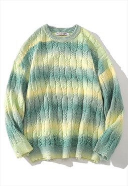 Tie-dye sweater green cable knitted jumper gradient top 