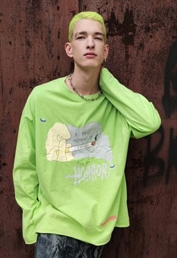 Cigarette print sweatshirt horror long sleeve tee in green