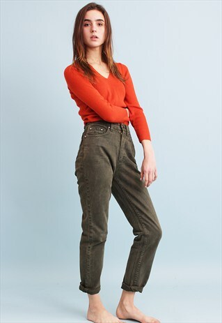 90'S RETRO HIGHWAISTED DENIM KHAKI STRAIGHT JEANS