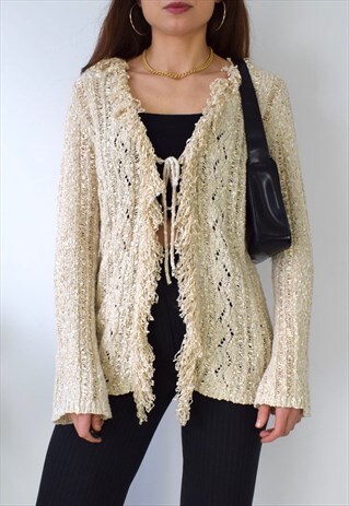 VINTAGE 90S Y2K BEIGE CROCHET LONG TIE CARDIGAN FRINGED BOHO