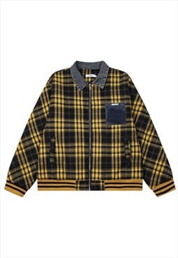 Retro plaid jacket woollen checked bomber in yellow