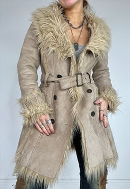 Vintage Y2k Coat Jacket Afghan Faux Fur Trim Buckle 90s