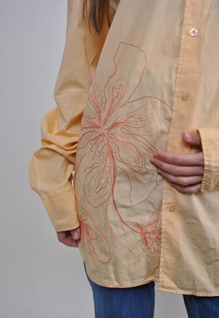 80S YELLOW MINIMALIST BLOUSE WITH FLOWER EMBROIDERY, SIZE XL