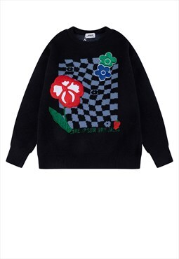 Psychedelic sweater knitted floral jumper check top in black