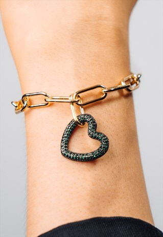 GOLD PLATED HARDWARE CHAIN WITH GREEN HEART PENDANT BRACELET