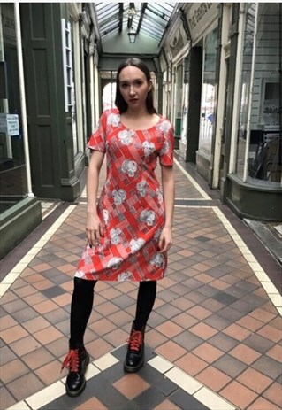 70S VINTAGE DRESS FLORAL RED WHITE RETRO DRESS