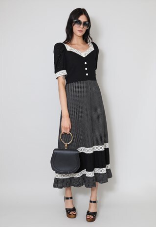 70'S LADIES VINTAGE DRESS BLACK POLKA DOT PRAIRIE FOLK MIDI