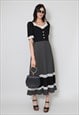 70's Ladies Vintage Dress Black Polka Dot Prairie Folk Midi