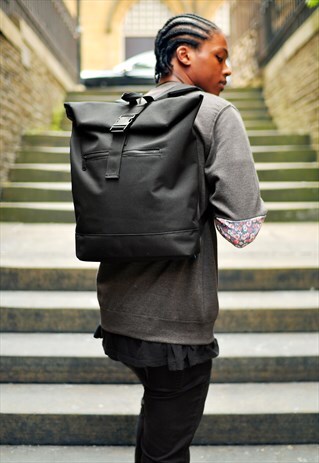 BLACK ROLL TOP LAPTOP BACKPACK