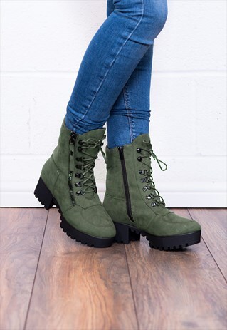 YANGTZE CLEATED SOLE PLATFORM BLOCK HEEL MILITARY ANKLE BOOT