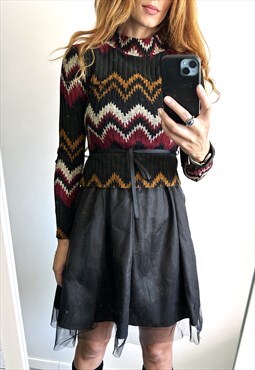 Tulle Dress With Geometric Knit Top And Turtleneck 