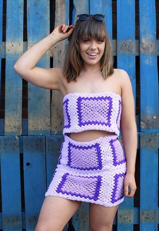 HANDMADE REWORKED CROCHET PURPLE TOP AND SKIRT CO-ORD