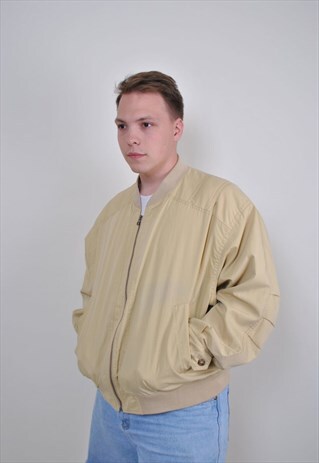 80S BEIGE BOMBER JACKET, VINTAGE AVIATOR JACKET, 90S OVERSIZ