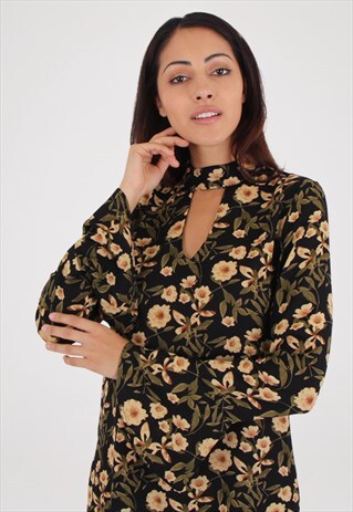BLACK FLORAL PRINT KEYHOLE CHIFFON DRESS