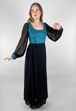 70's Vintage Black Bell Sleeve Black Blue Lurex Maxi Dress