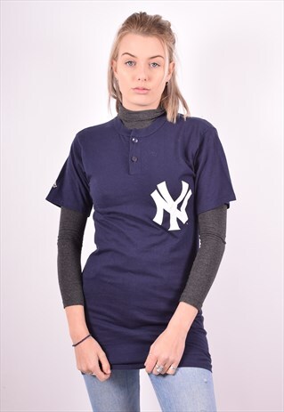 MAJESTIC WOMENS VINTAGE T-SHIRT TOP SMALL NAVY BLUE 90S