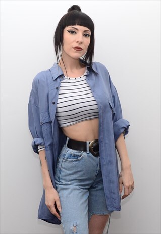 VINTAGE 90'S GENUINE SILK STEEL BLUE OVERSIZED SHIRT