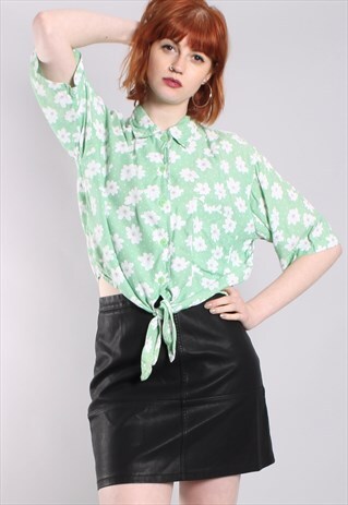 VINTAGE 80S FLORAL PATTERNED CROPPED TIE SHIRT